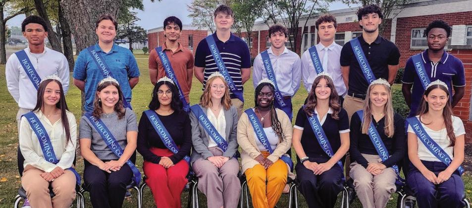 2025 Homecoming Court: front row, from left are Clarie Taylor (freshman); Alexa Bellman (junior); Iman Aslam (senior); Lily Sherman (senior); Maame Agyemang Prempeh (senior); Karlene Brown (senior); Emma Scheuer (senior), and Anna Taylor (sophomore). Back row, from left are CJ Lloyd (freshman); Drew Bensman (junior); Saarim Khan (senior); Noah Littin (senior); Kyle Mortus (senior); Owen Smart (senior); Logan Goodrick (senior), and Testimony Ola (sophomore).