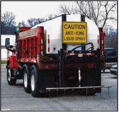 An LCEO snow plow truck equipped with a liquid brine tank and applicator.