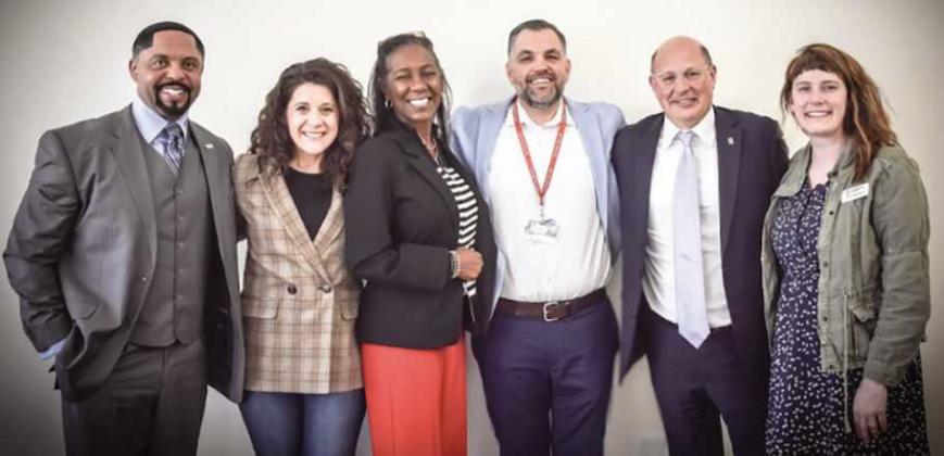 From left: Dr. Romules Durant, Toledo Public Schools superintendent; Anna Toney, executive director of Leadership Toledo; Veronica Motley, Sylvania Public Schools superintendent; Kevin Parkins, Central Catholic, panel moderator; Matt Geha, Springfield Local Schools superintendent, and Arika Michaelis, Leadership Toledo program director.