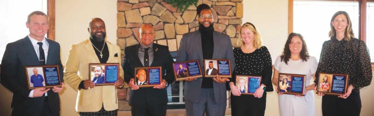 Pictured are Tyler Grogg, Class of 2009; Marquis Hayes Sr., Class of 2003, Rickey Thomas, 1SG Ret.; Reggie Williams, Class of 1994; Kelcee Gwozdz Hall, Class of 2007; Johnna Gonzalez-Sells, Class of 2001, and Erica Wilson Arem, Class of 2002. Not pictured: Demajeo Wiggins, Class of 2015. Photo Courtesy of Taylor Redinger