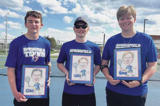 Congratulations to the Springfield High School boys varsity tennis seniors, from left: Caleb Sell, Gavin Murphy and Brody Murphy. Coaches are David Evans and Mike Fink.